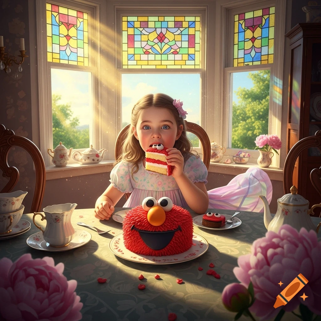 A young girl with wide blue eyes takes a bite of cake from a red Elmo-themed cake, set at a sunlit tea party table with stained glass windows.
