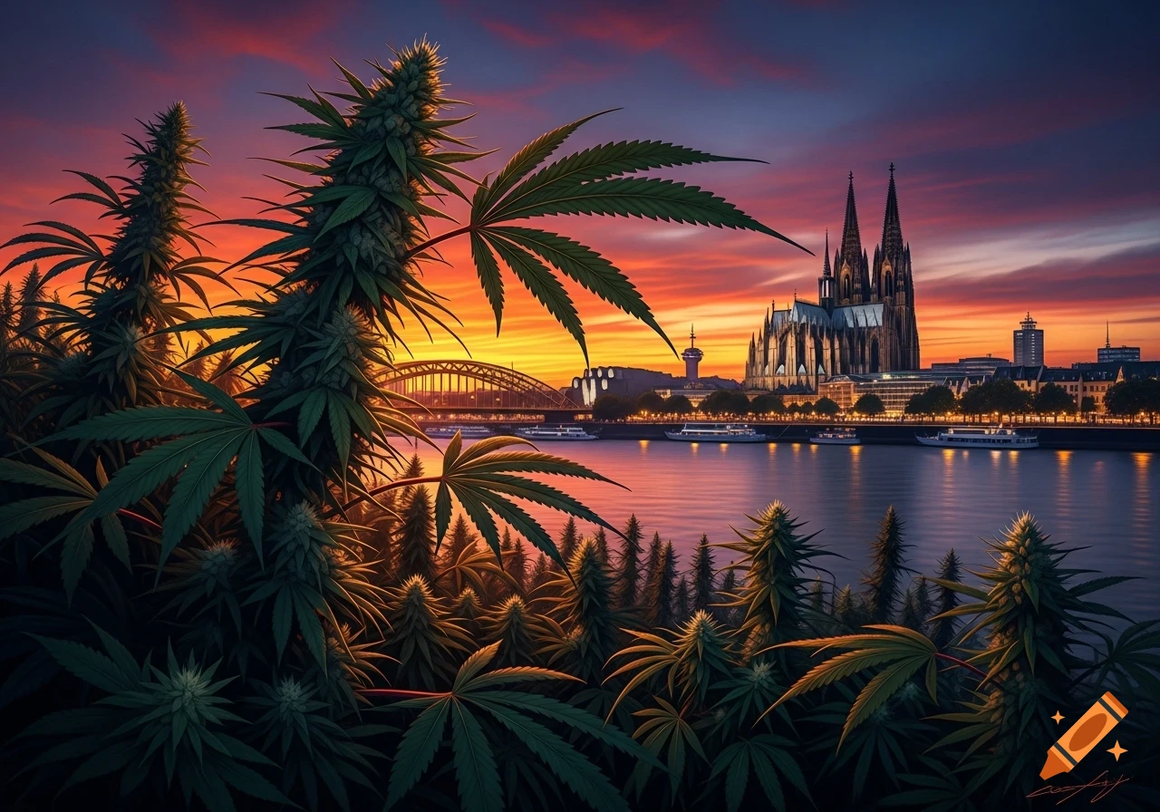 Dark green cannabis plants in the foreground, with the Cologne Cathedral and Hohenzollern Bridge across the Rhine river at sunset.