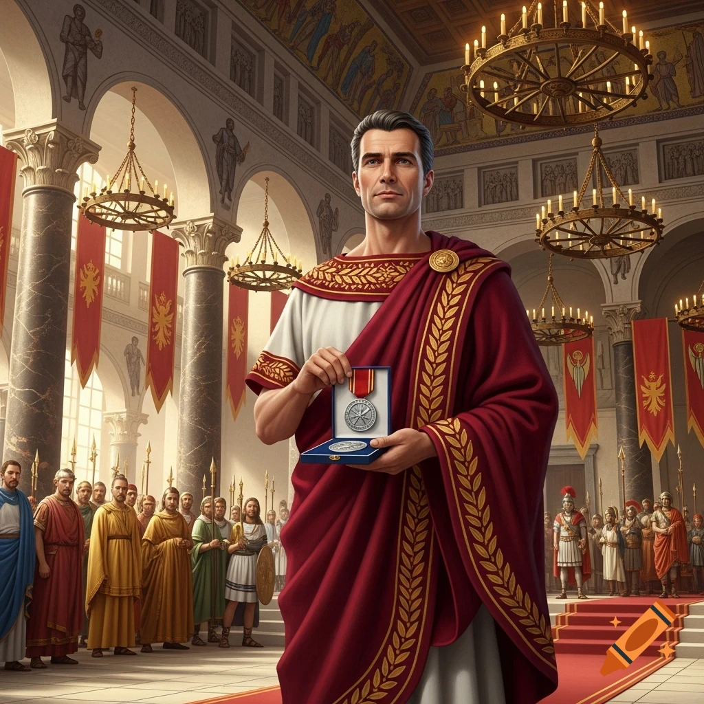 A man in a red toga receives a medal in a grand Roman-style hall with onlookers.