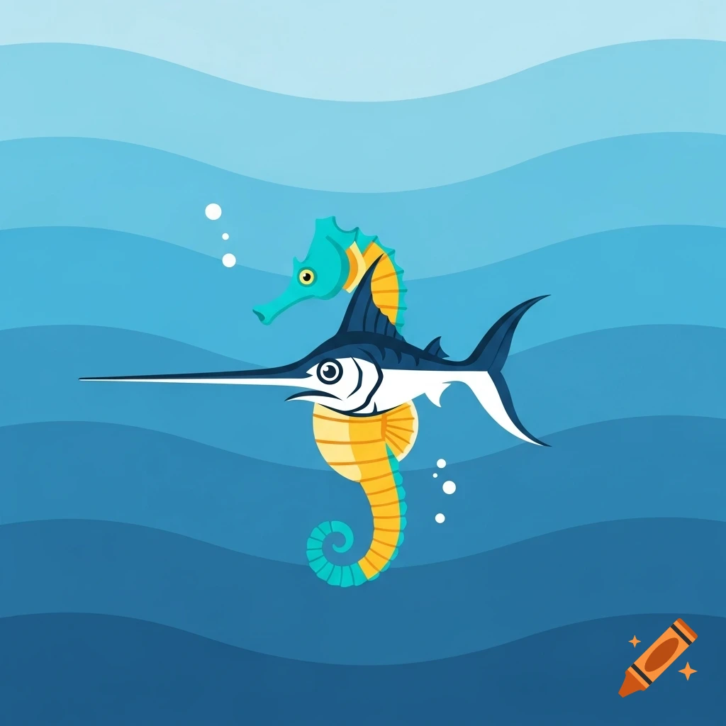 A stylized illustration of a seahorse with a swordfish's head, swimming in blue water with wavy lines and bubbles.