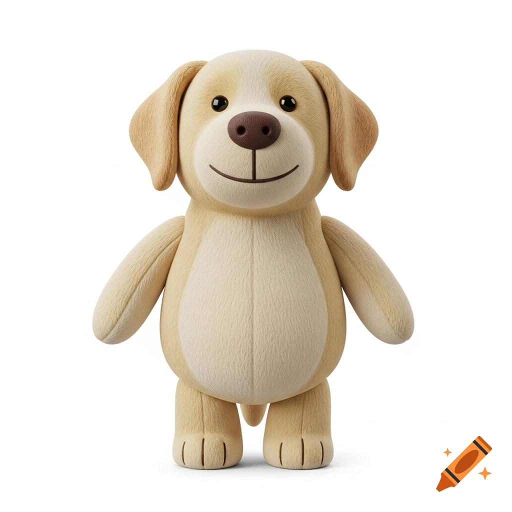 A cuddly, pale cream-yellow Labrador dog character plush toy with a gentle smile, standing against a white background.