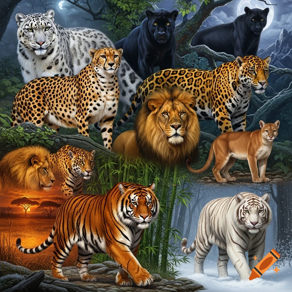A collage of big cats, including a snow leopard, black panther, cheetah, jaguar, puma, lion, tiger, and white tiger.