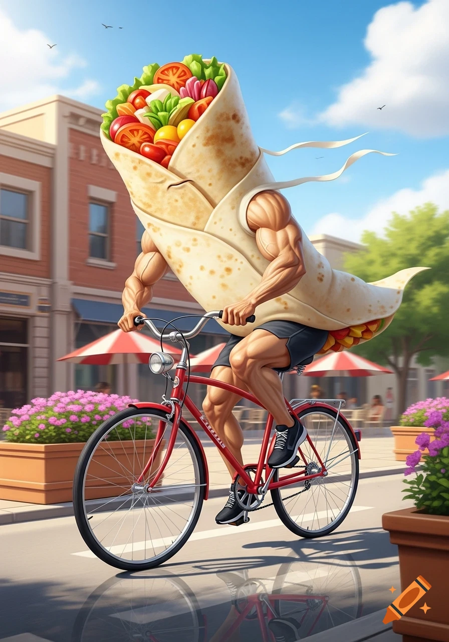 A muscular, anthropomorphic burrito with a vegetable filling rides a red bicycle down a sunny street, rendered in a vibrant illustrative style.