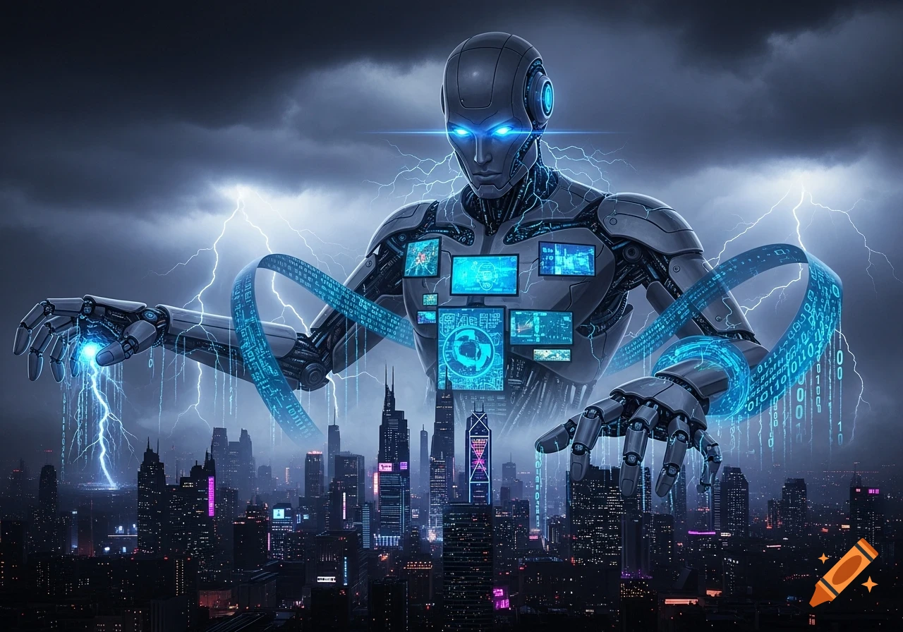A giant gray robot with glowing blue eyes and chest screens towers over a dark futuristic city, surrounded by lightning and flowing binary code. Photorealistic.