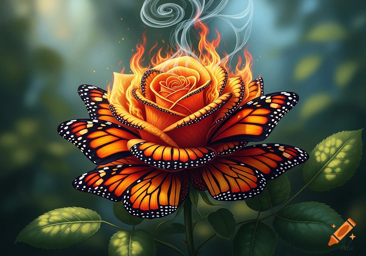 A vibrant orange and red rose with petals resembling monarch butterfly wings, aflame with fire and smoke, against a blurred green background.