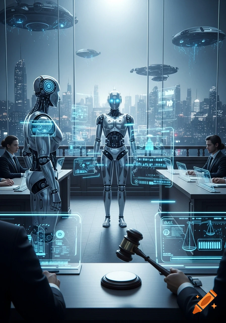 A futuristic courtroom with two chrome robots, one standing center and one seated. Two human lawyers are seated at tables in a cityscape with flying vehicles in the background. Holographic screens display data.