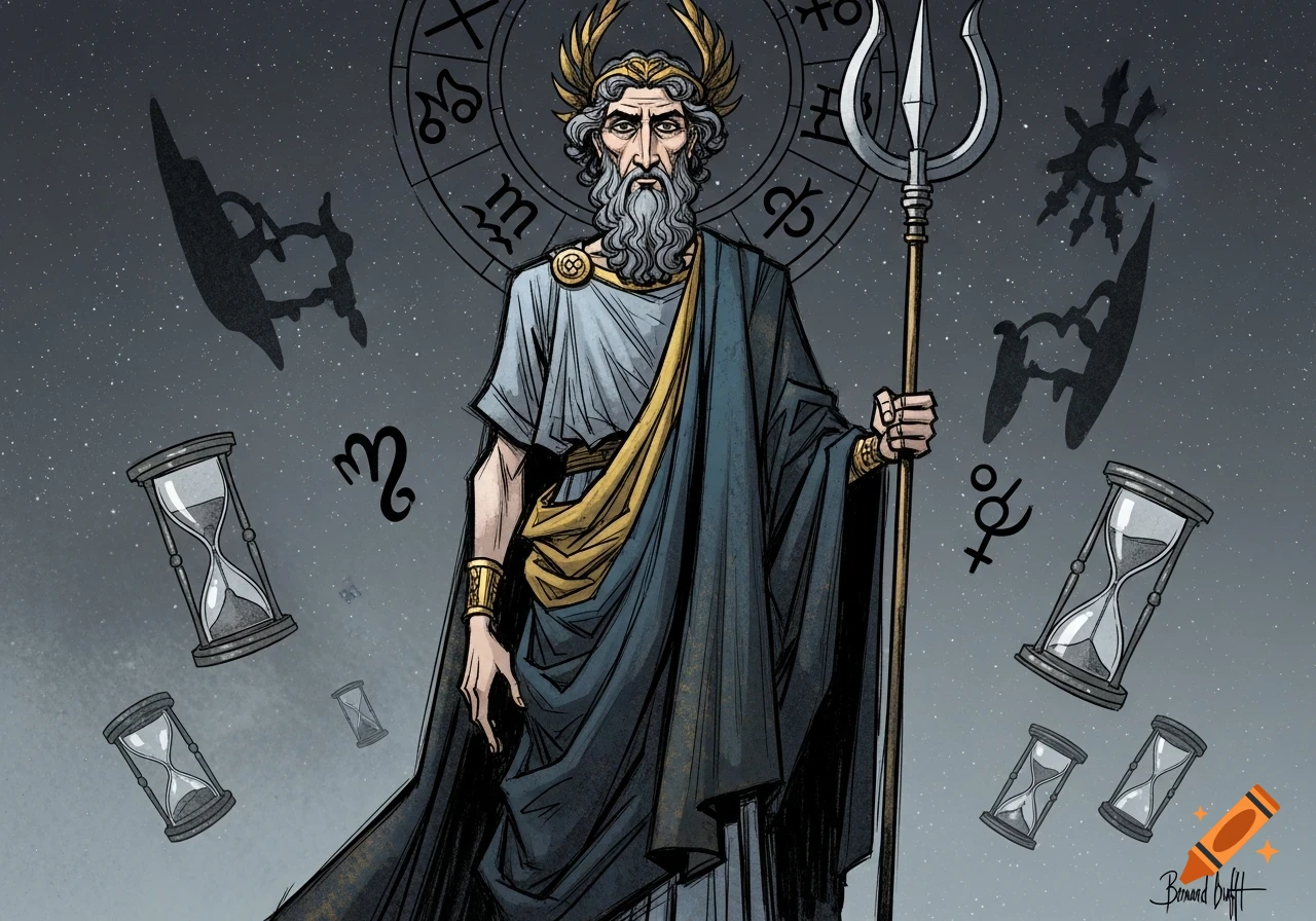 A comic-style illustration of an old, bearded god-like figure holding a trident, wearing a crown and toga, surrounded by astrological symbols and hourglasses.