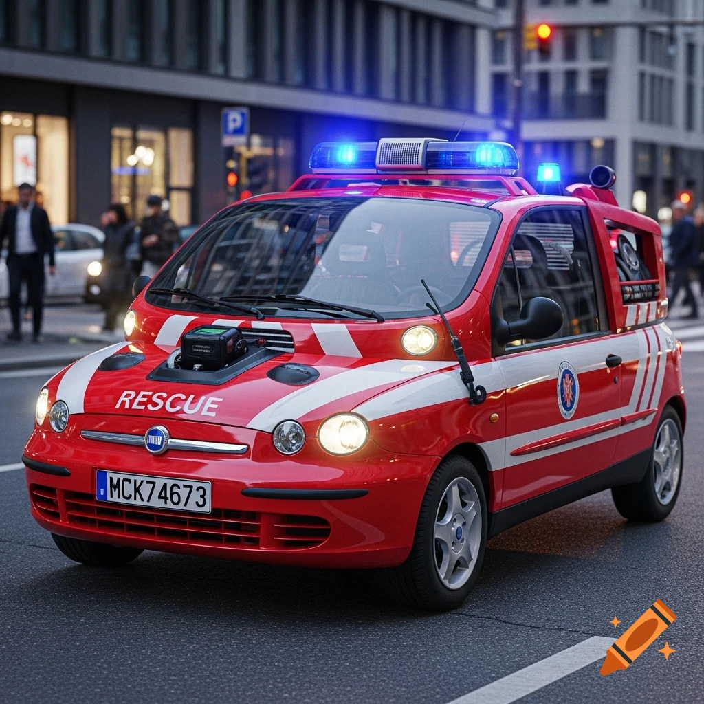 A red Fiat Multipla rescue vehicle with blue flashing lights drives on a city street, with 'RESCUE' written on its hood.