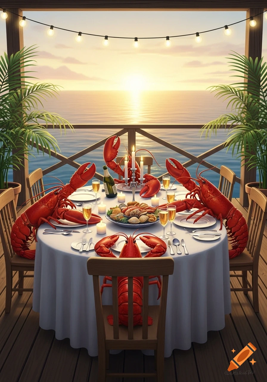 Four red lobsters seated at a formal dinner table on a balcony overlooking a golden ocean sunset, with candlelight and shellfish.