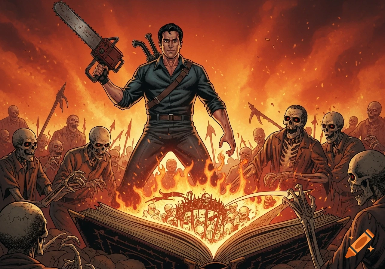 Ash from Evil Dead stands with a chainsaw above the open Necronomicon, surrounded by skeletal zombies amidst a fiery, comic book style scene.