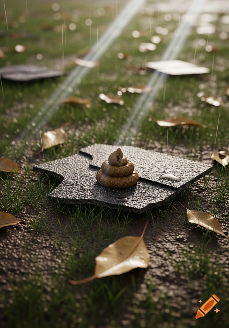 Photorealistic dog poop on a roof shingle in a rainy, sunlit yard.