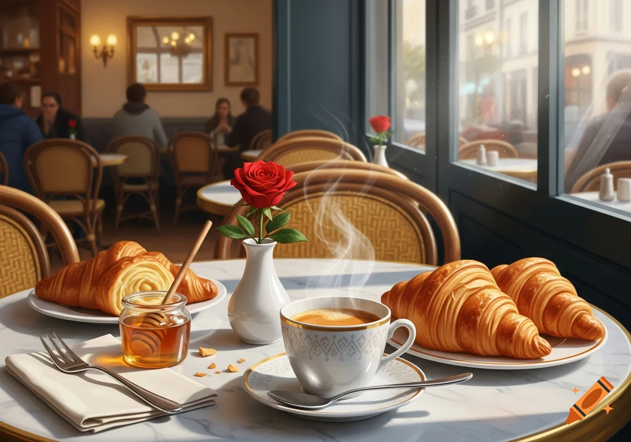 A cozy French breakfast with croissants, coffee, and honey on a marble table in a cafe.