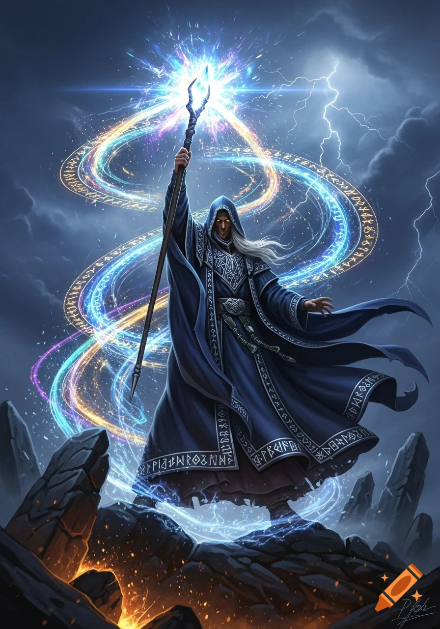 Wizard Robe Runes A powerful wizard in a blue hooded robe with glowing eyes stands on ...
