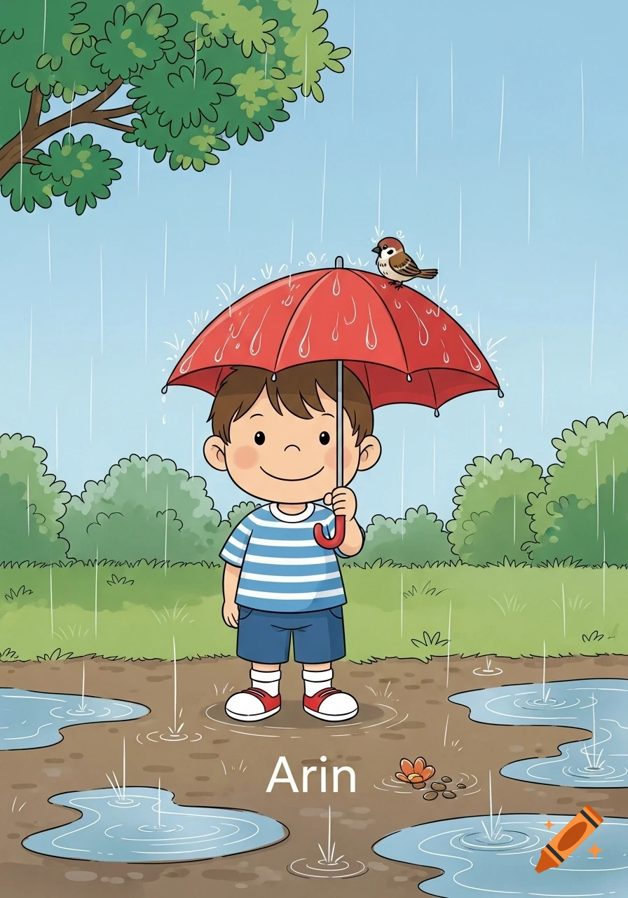Cartoon child named Arin holding a red umbrella in the rain with puddles and a sparrow perched on top.