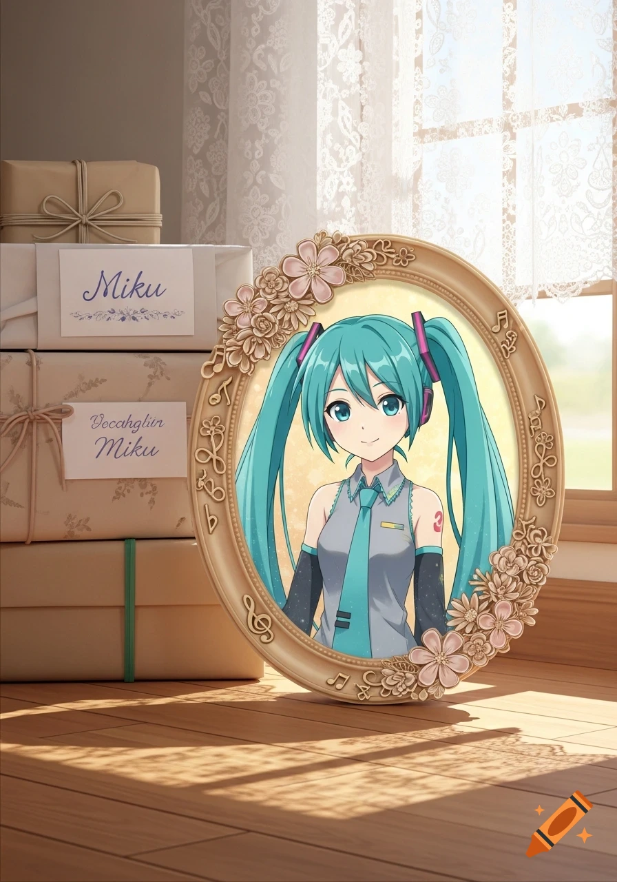 An anime portrait of Hatsune Miku in an ornate, floral frame, sitting on a wooden floor next to a stack of gift-wrapped boxes by a window.