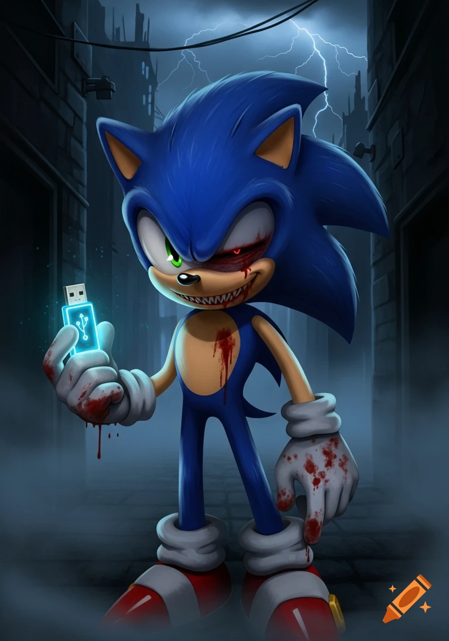 Evil Sonic with a bloody eye, sharp teeth, and blood on his fur and gloves, holds a glowing blue USB stick in a dark alley.