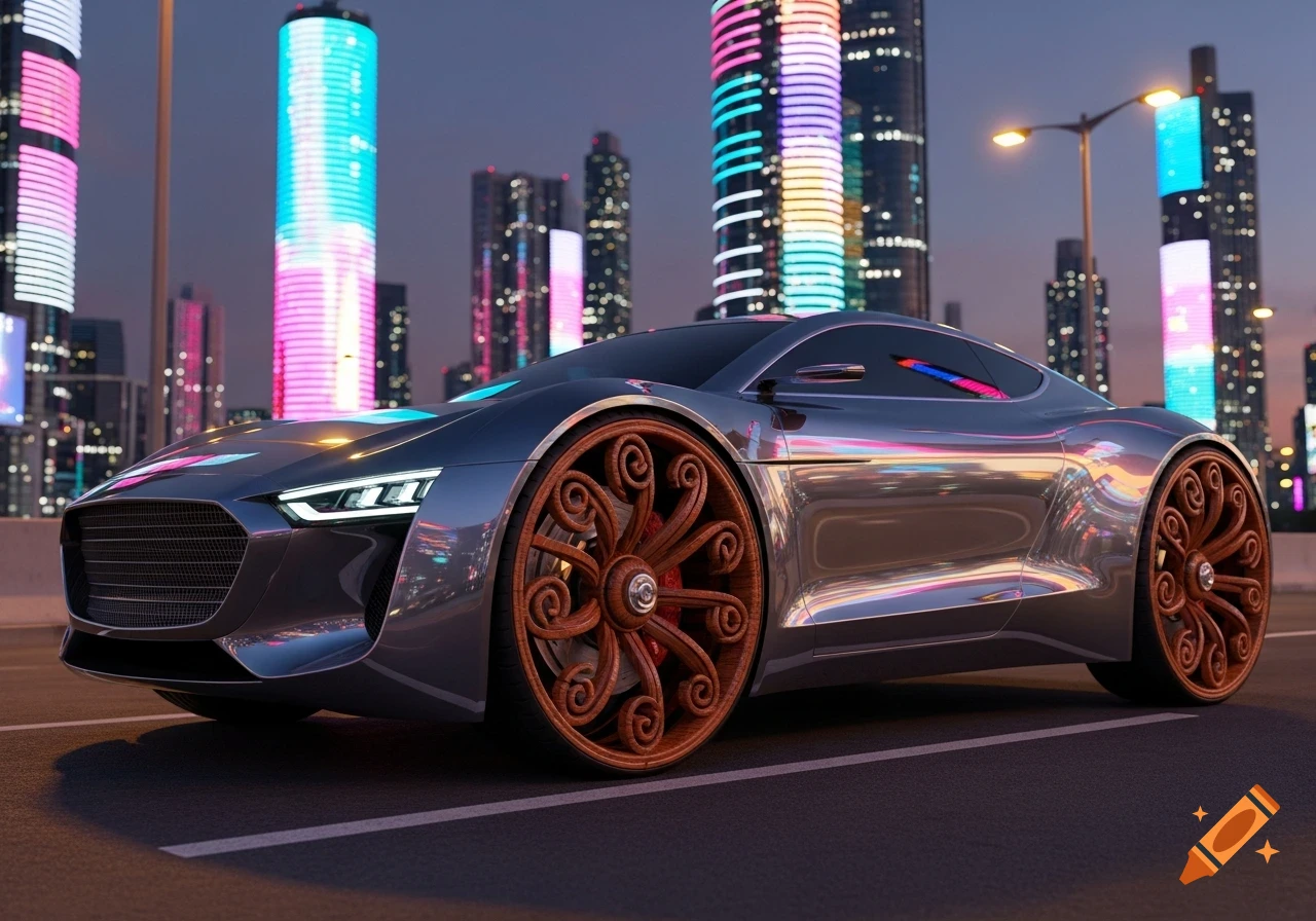 A sleek, futuristic silver car with ornate wooden wheels parked on a street against a backdrop of neon-lit skyscrapers at dusk.