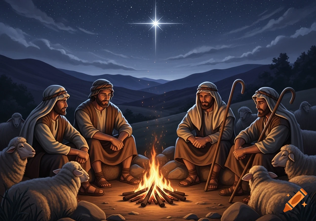 Four shepherds and their sheep sit around a campfire under a bright star in a nighttime, mountainous landscape.