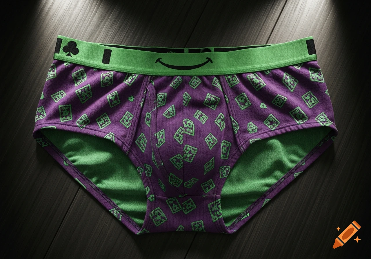 A pair of purple and green men's briefs with a pattern of green diamond-shaped card suits and a green waistband featuring a club symbol and a black smile icon, lying on a dark wooden surface.