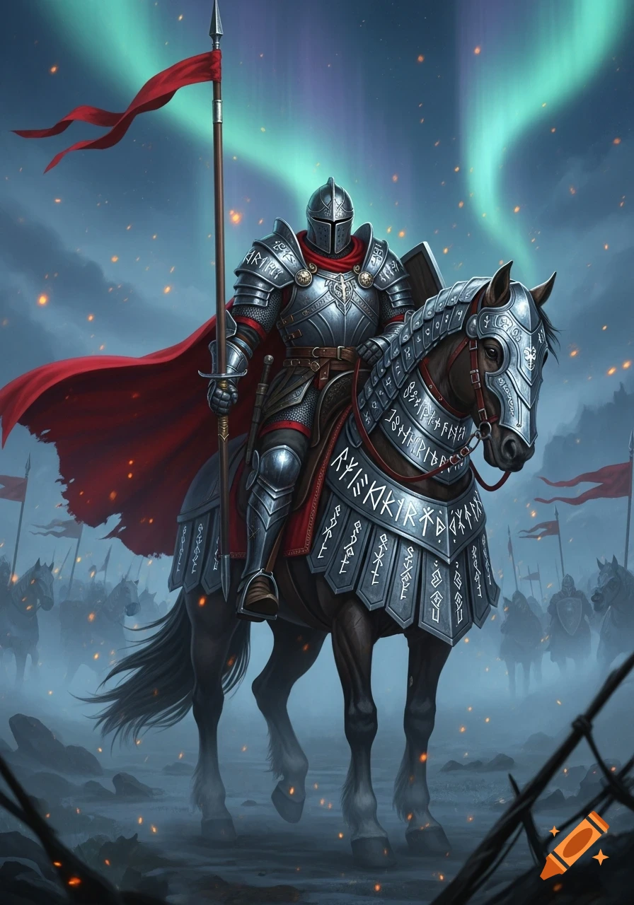 Armored knight on horseback holding a spear with a red flag, red cape flowing, against an aurora-lit, misty battlefield.