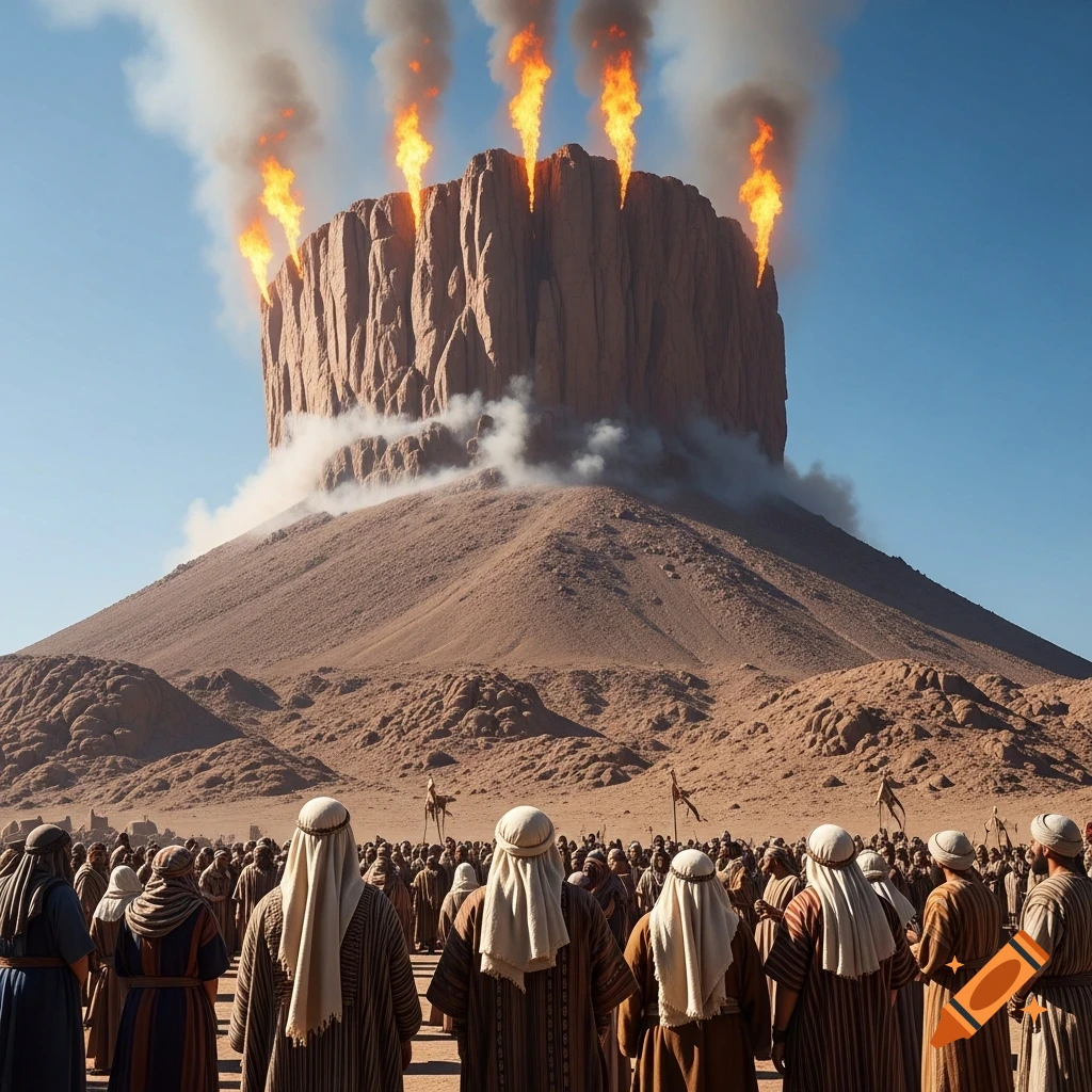 A large crowd in ancient robes looks up at a desert mountain with its flat top burning with fire and smoke. Photorealistic.
