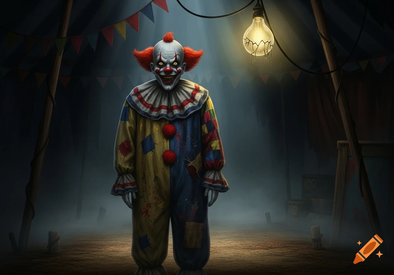 A menacing, red-haired clown with a white face and yellow eyes stands in a dark, foggy circus tent under a broken lightbulb, wearing a colorful patched costume.