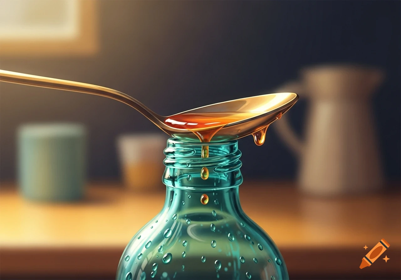 A golden spoon drips amber liquid onto the textured top of a blue-green glass bottle, in a close-up, photorealistic shot.