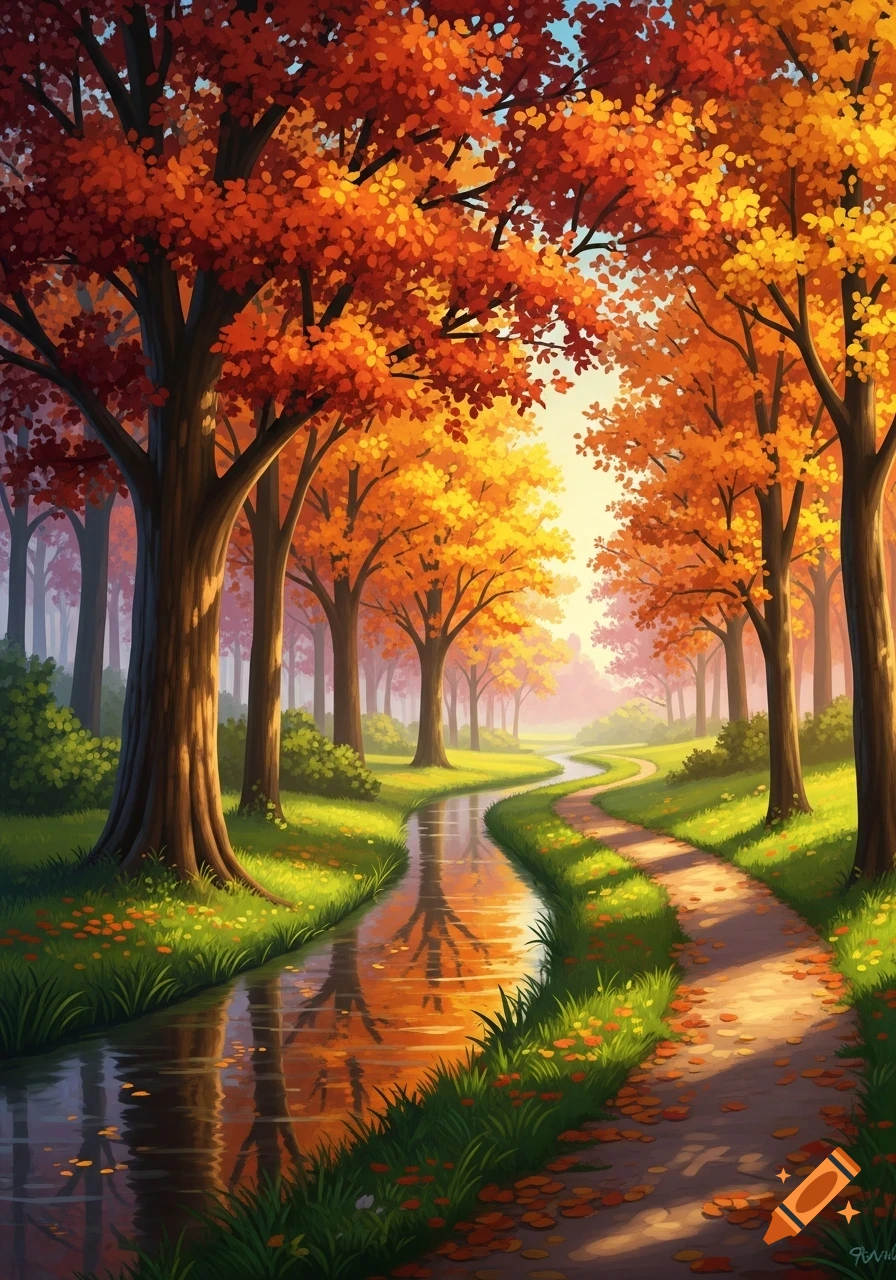 A vibrant autumn forest with a winding stream, a sunlit path, and trees ...