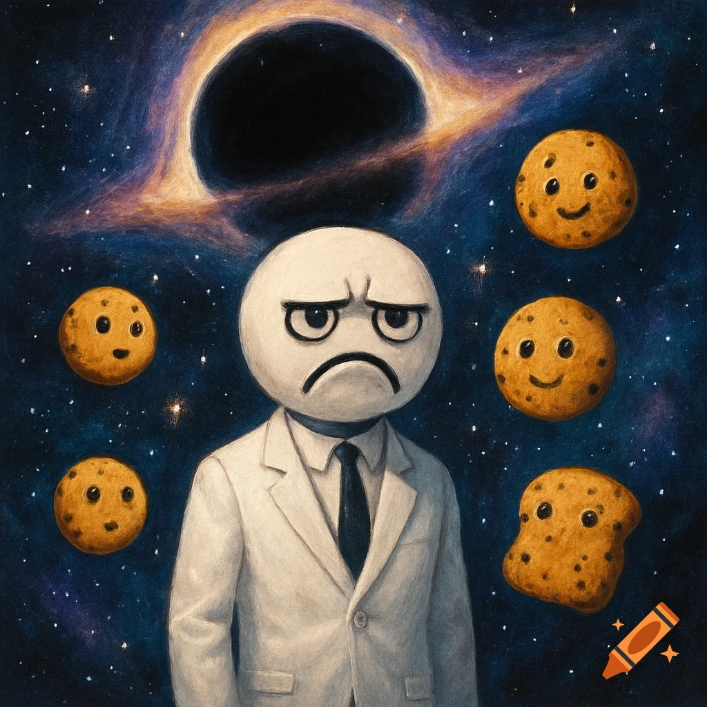 A frowning white emoji head in a suit and smiling cookies float in a starry space with a black hole, in a painterly style.
