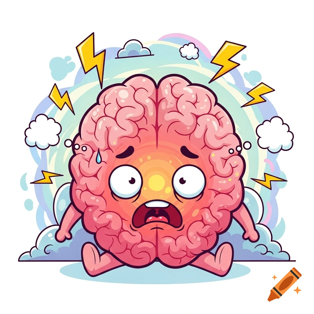 A cartoon brain character appears frightened or stressed, with wide eyes, an open mouth, and sweat drops, surrounded by lightning bolts.