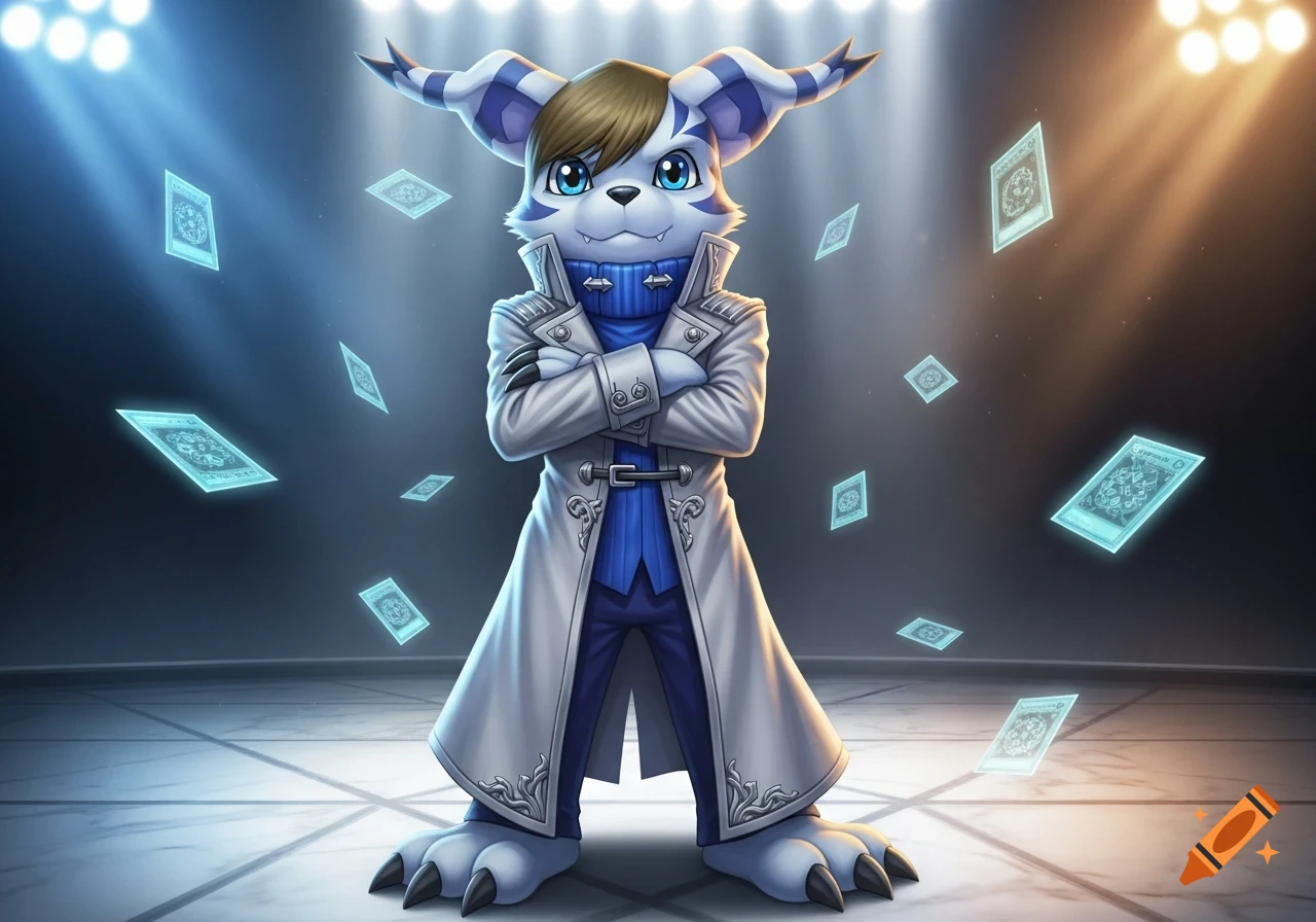 Gabumon, a white and blue Digimon, dressed in a long white trench coat and blue sweater, stands with arms crossed as glowing cards float around him in a spotlight.
