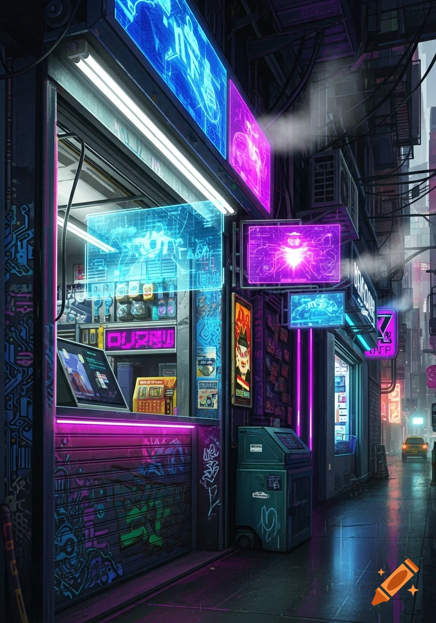 A vibrant cyberpunk street scene featuring a futuristic store with neon signs in blue and pink, holographic displays, and graffiti on its closed shutter, reflecting on a wet street. A car is visible in the distance.