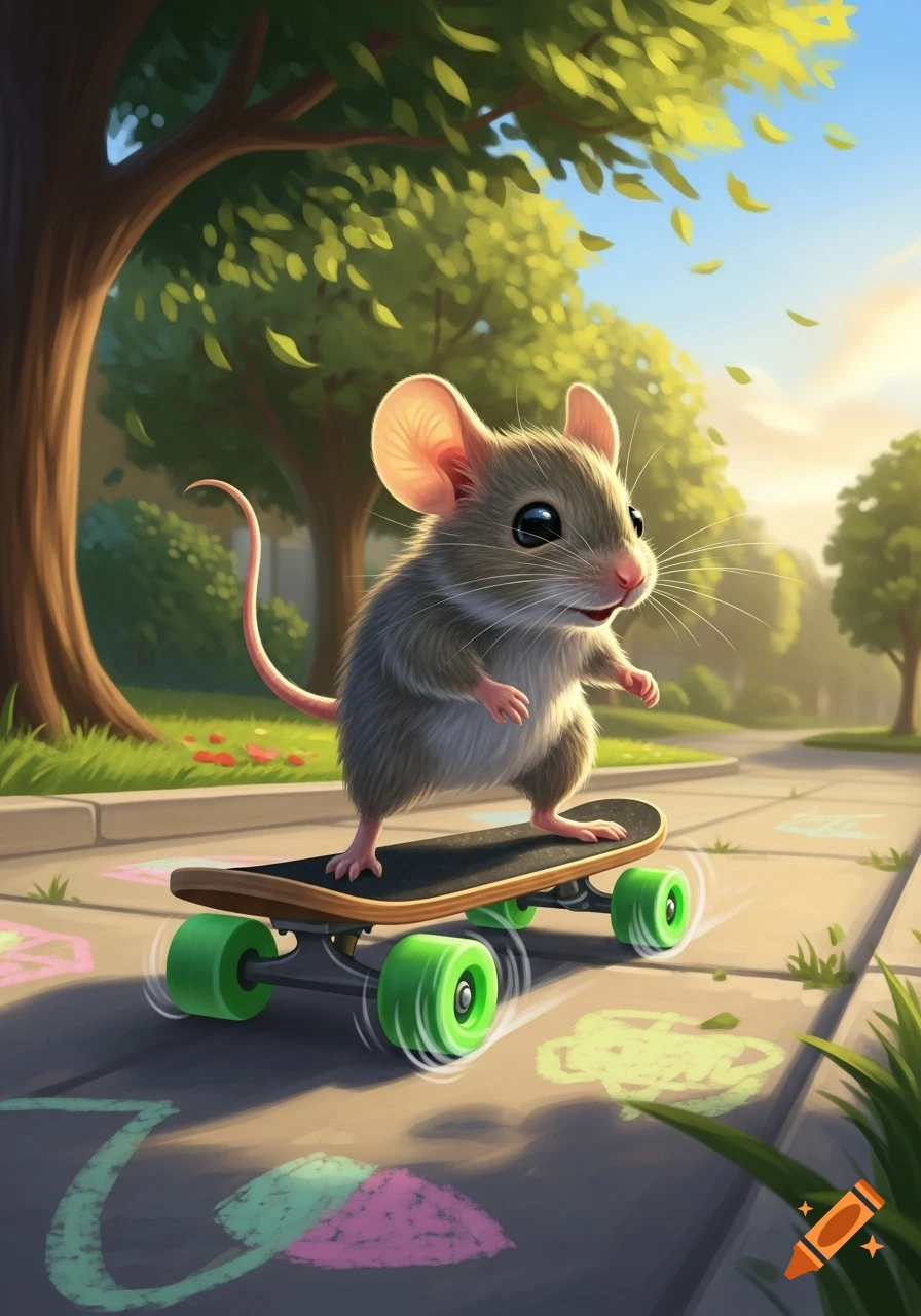 A cute cartoon mouse with big eyes smiles while riding a skateboard on a sunny park path with chalk drawings.