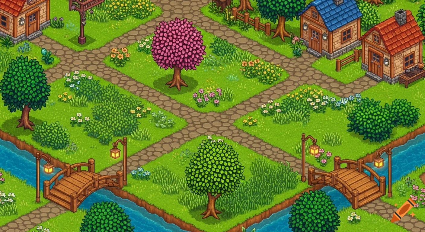 Isometric pixel art fantasy village scene with winding paths, lush green grass, various trees, colorful flowers, two wooden bridges over a blue river, and small houses.