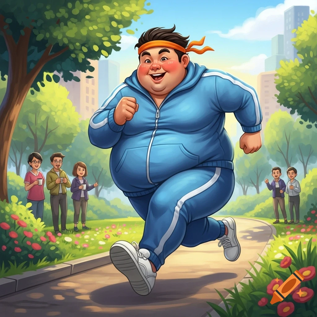 Cheerful overweight cartoon man in blue tracksuit running in a park, with other people in the background.