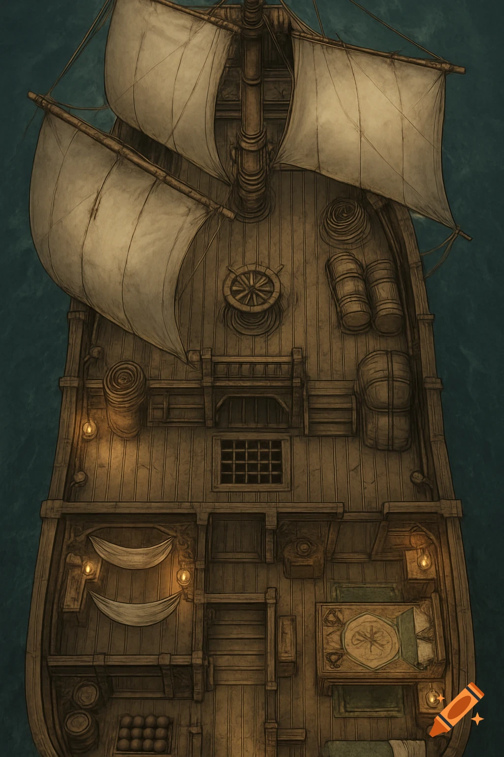 Top-down map of a wooden sailing ship with sails, rigging, barrels, and deck details, in a fantasy game style.