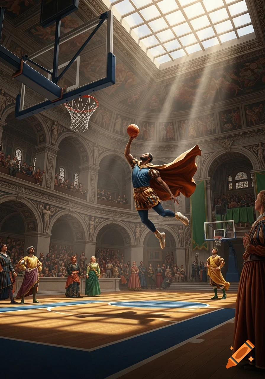 A basketball player in Renaissance attire dunks a ball in a grand, ornate hall filled with spectators, in the style of a Renaissance painting.