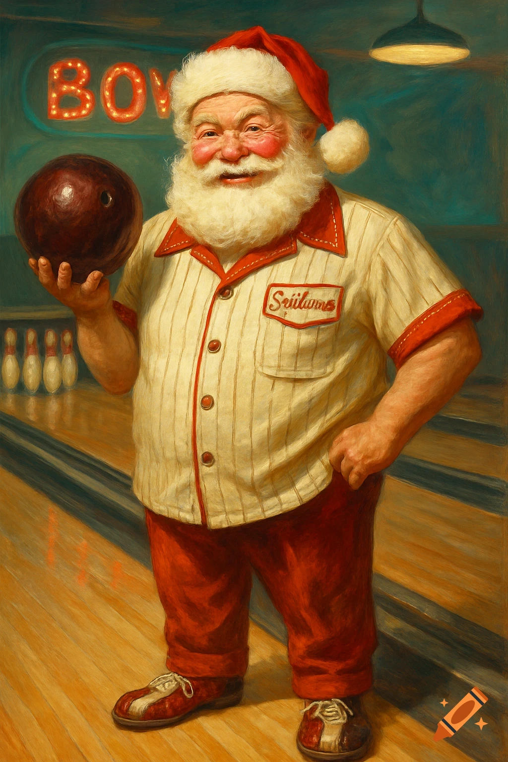 A painting of Santa Claus wearing a bowling shirt and hat, holding a bowling ball in a bowling alley, in a Norman Rockwell style.
