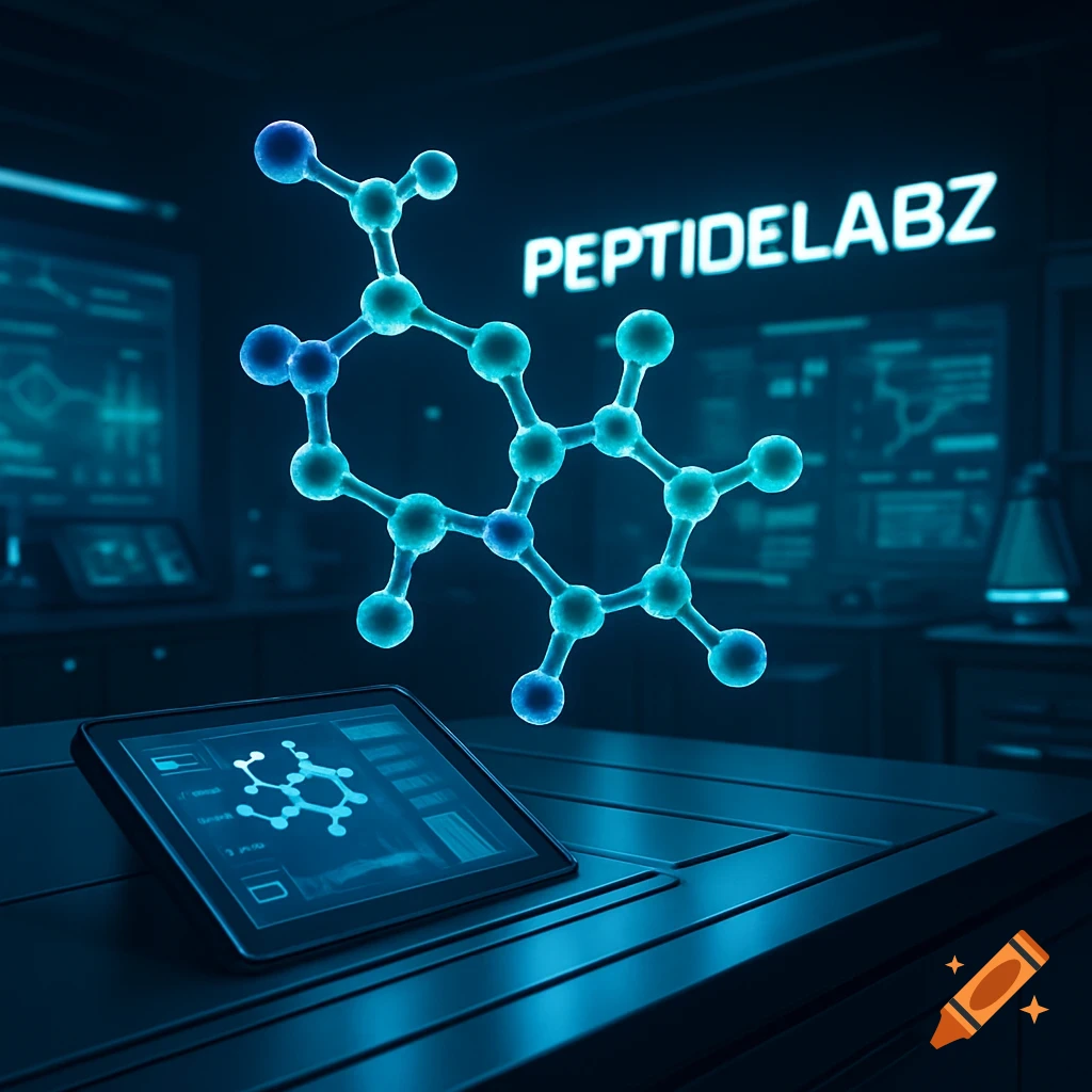 A glowing blue molecular structure floats in a dark, futuristic lab with a tablet and a "PEPTIDELABZ" sign.