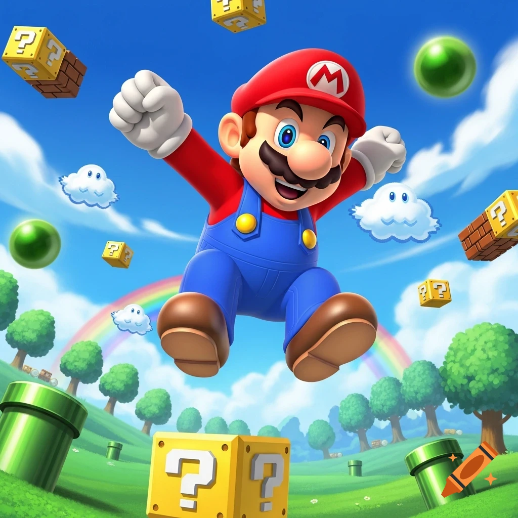 Mario leaps in a vibrant, cartoonish landscape with question mark blocks, green pipes, and a rainbow under a blue sky.