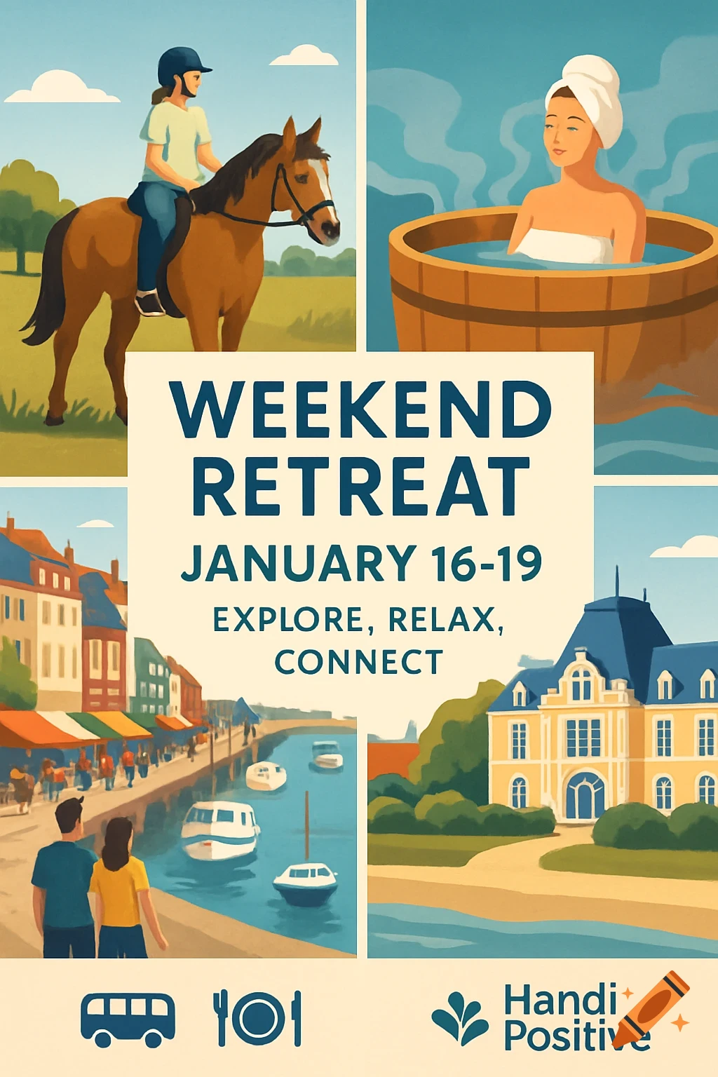 A stylized travel flyer with four panels depicting a person riding a horse, a woman in a hot tub, a couple by a canal with boats, and a large building. The text advertises a 'Weekend Retreat January 16-19: Explore, Relax, Connect' by 'Handi Positive' with icons for bus, food, and care.