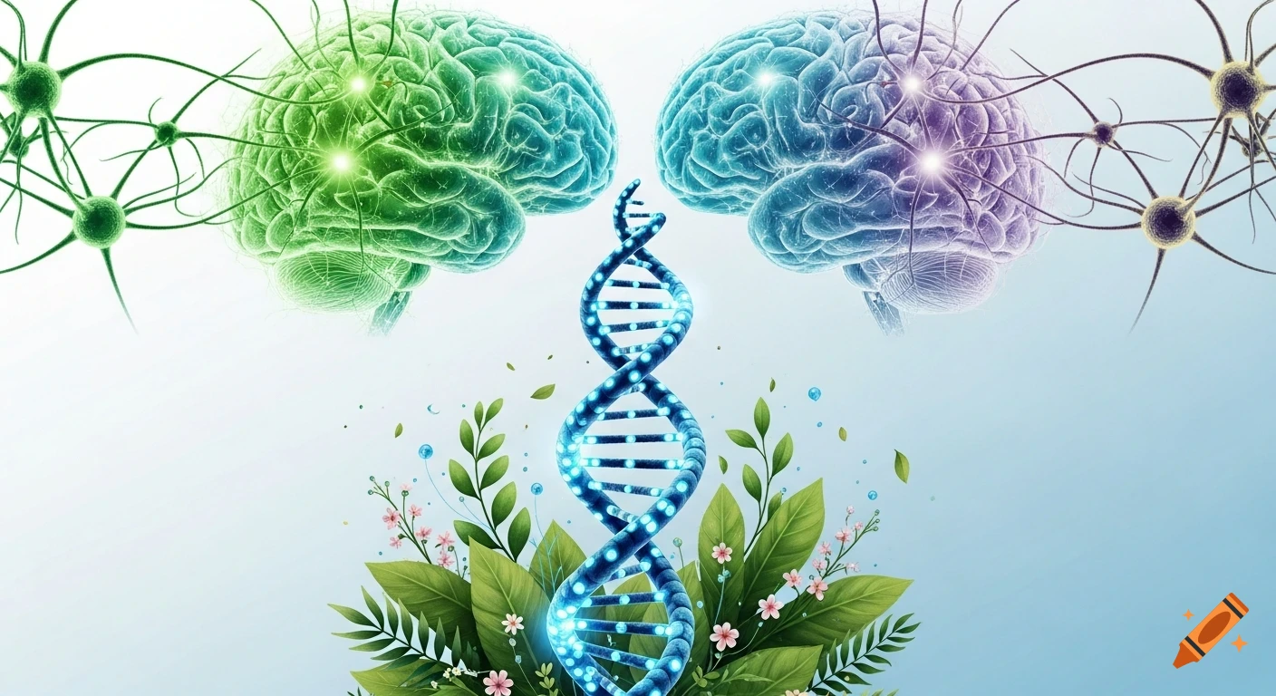 Stylized green and purple brains, a glowing blue DNA helix, neurons, and green plants with pink flowers.