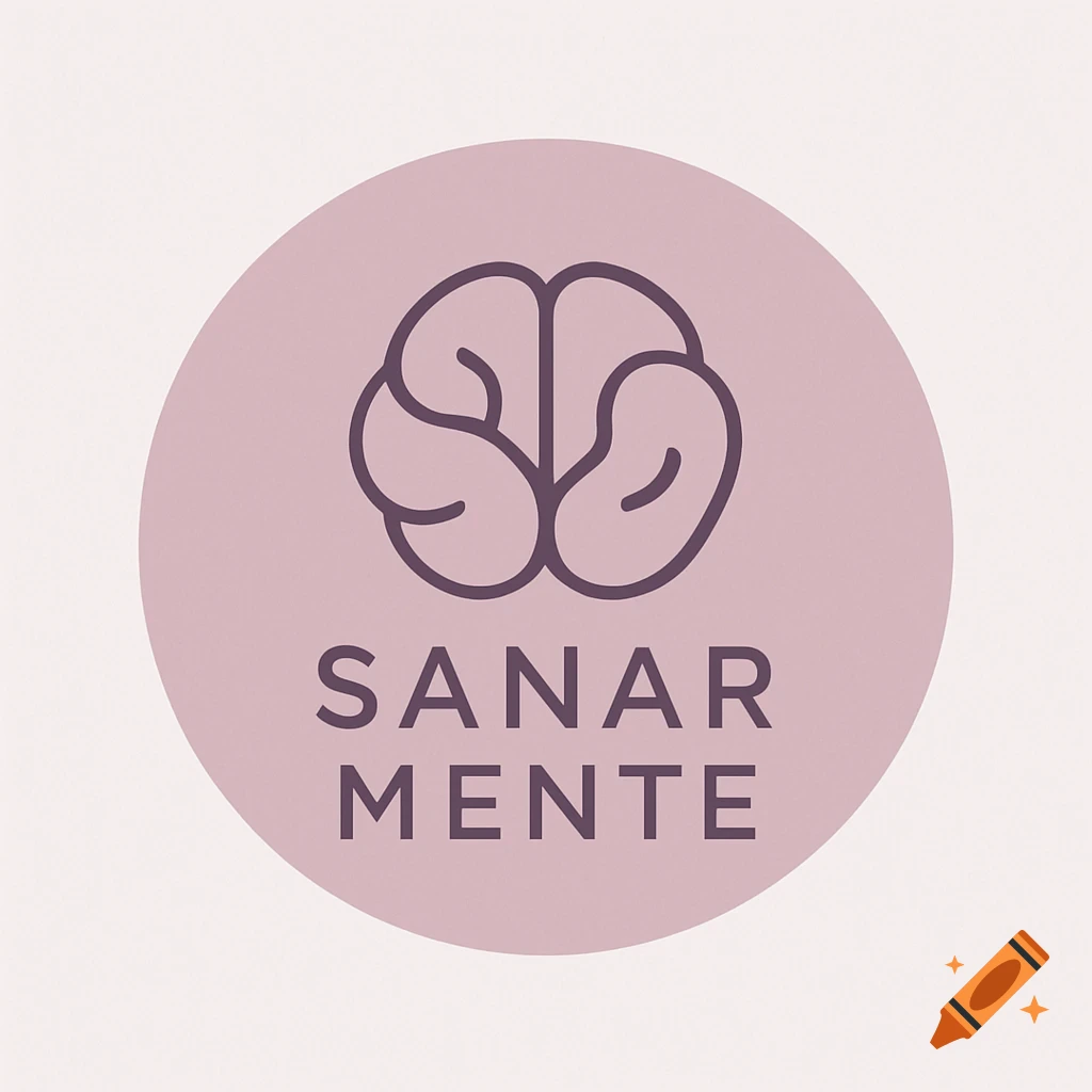 A minimalist logo featuring a stylized brain icon above the text "SANAR MENTE" in dark purple, all enclosed within a light pink circle on a cream background.