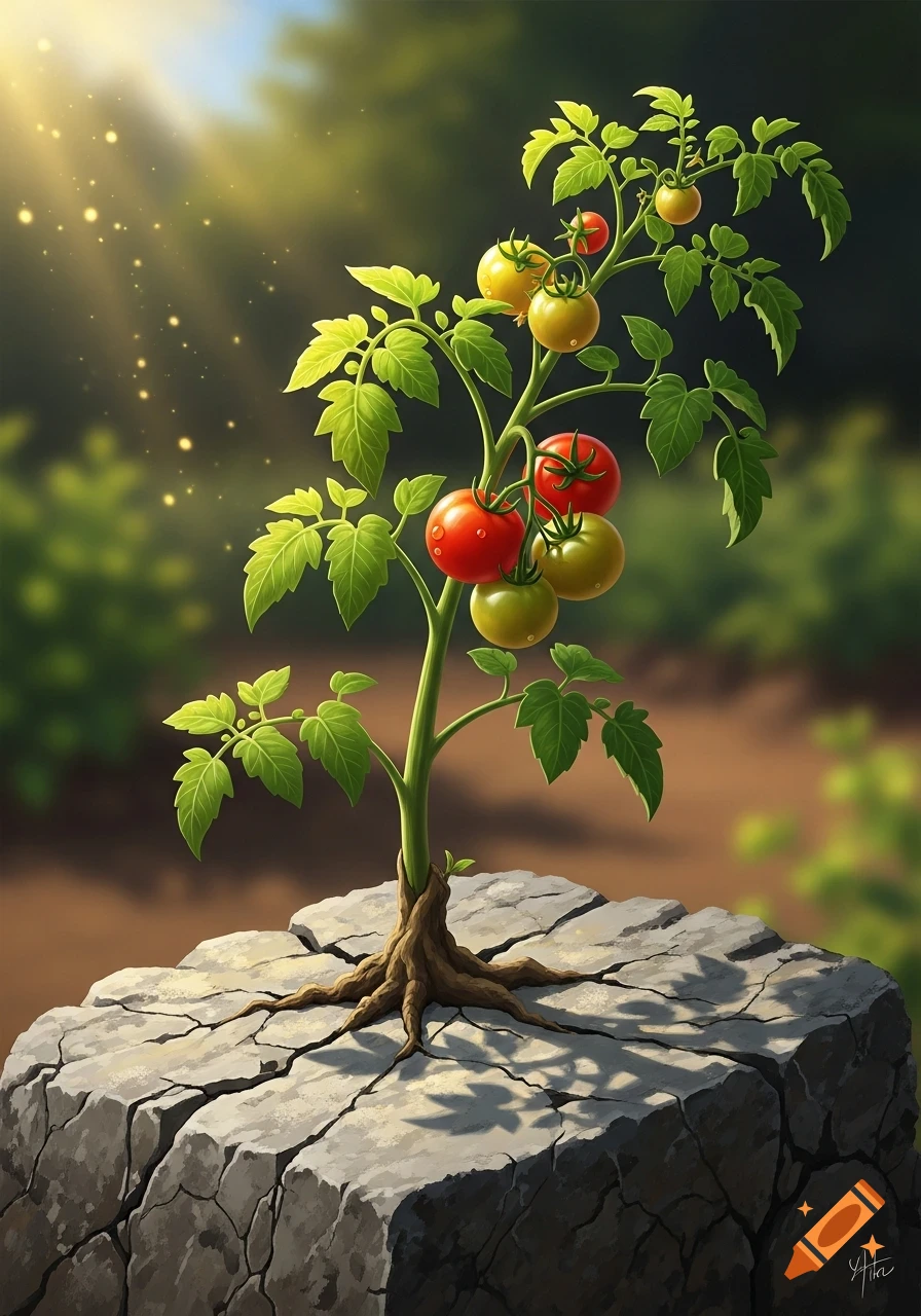 A vibrant tomato plant with red and green tomatoes grows from a cracked gray rock, bathed in sunlight against a blurred green background.