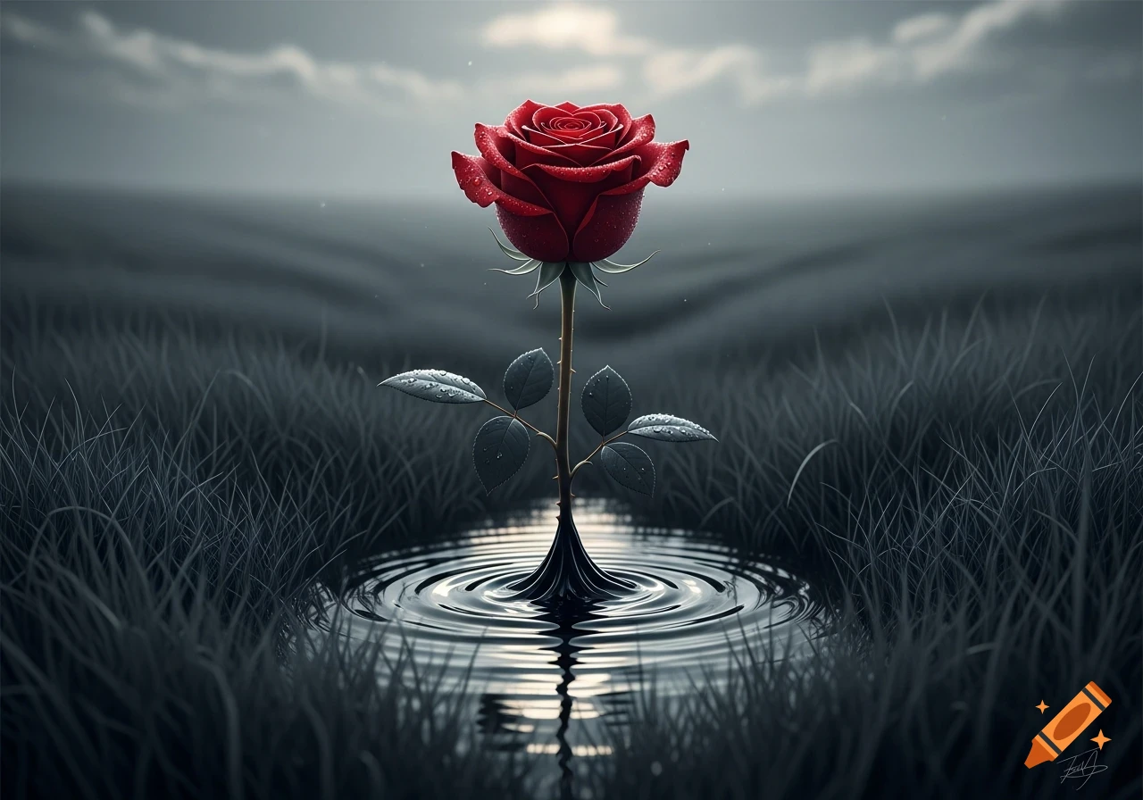 A vibrant red rose with dew drops on its petals stands in a dark grayscale field, its stem emerging from a pool of black liquid creating ripples.