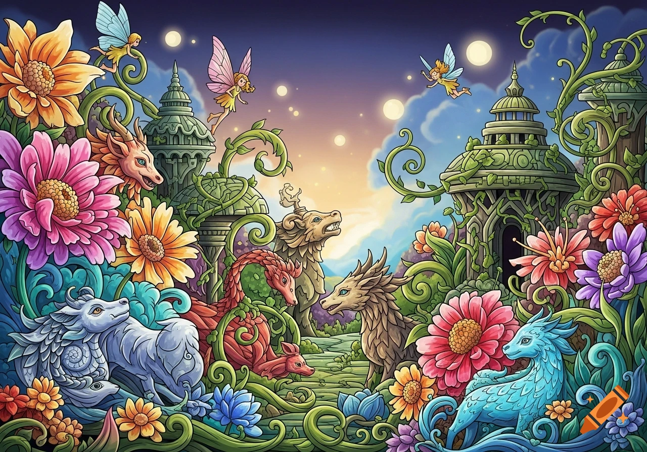 A vibrant fantasy illustration of dragons and fairies amidst a lush garden of colorful flowers and whimsical, vine-covered pagodas.