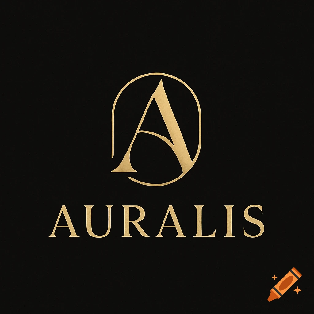 A gold stylized 'A' within an oval frame, above the word 'AURALIS' in gold, all on a black background.