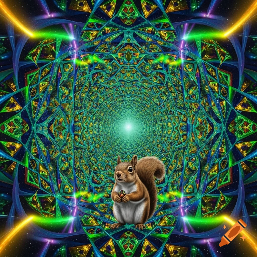 A squirrel holding a small item stands in a vibrant, glowing tunnel of intricate green, blue, and gold fractal patterns.