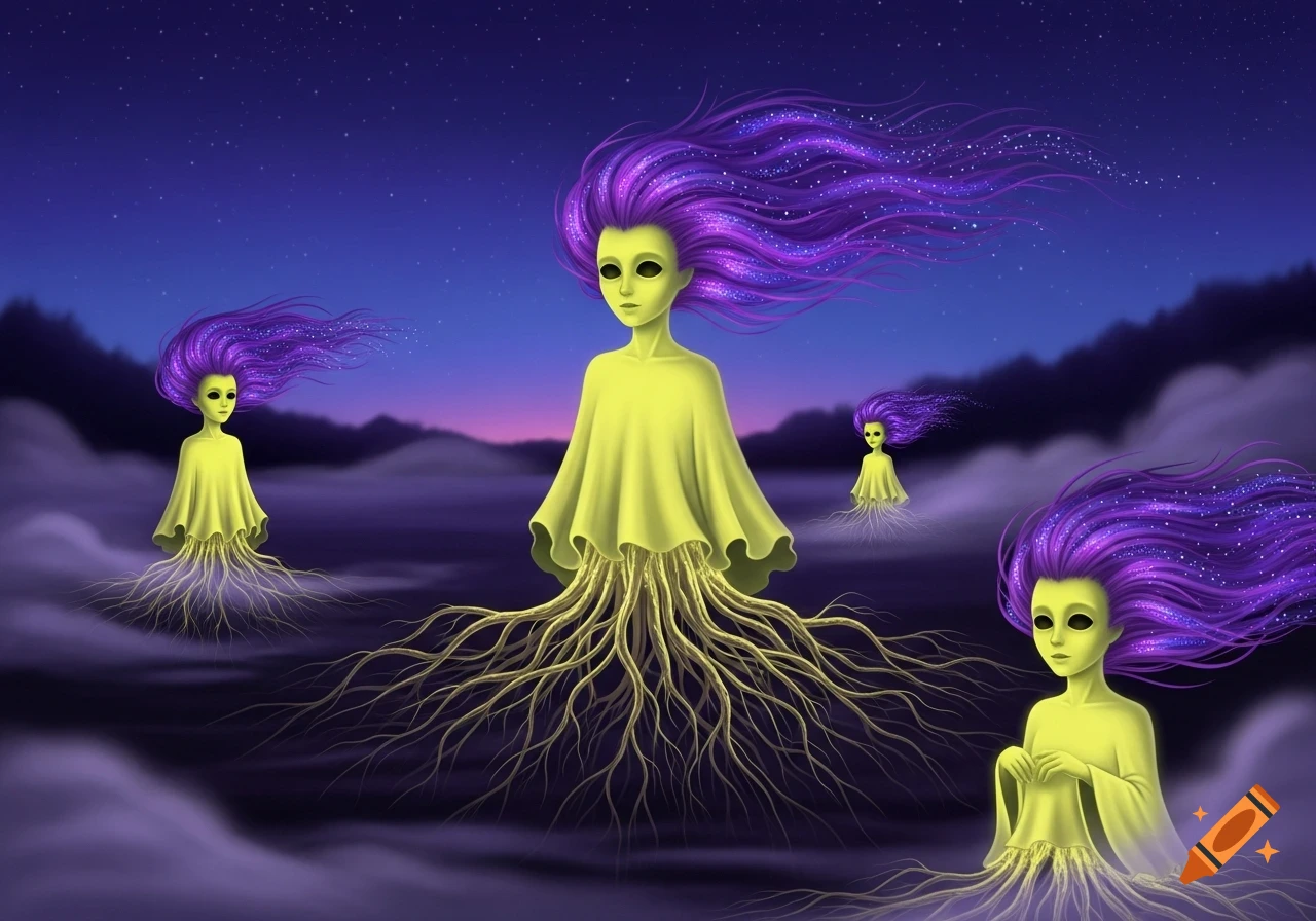 Ethereal yellow figures with root bodies and sparkling purple hair float in a misty night landscape under a starry sky.