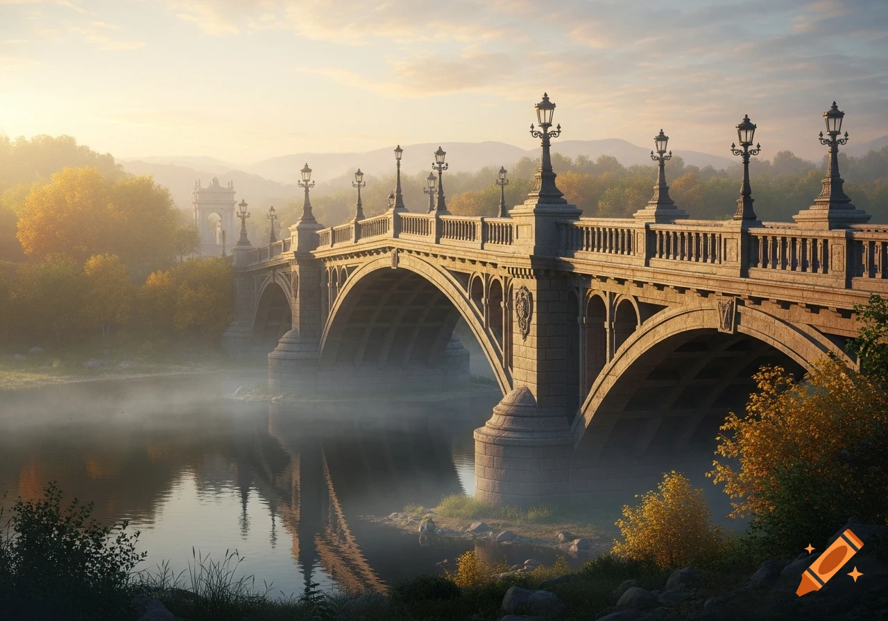 A grand stone arch bridge with lampposts spans a misty river at sunrise, surrounded by autumn trees and golden light.